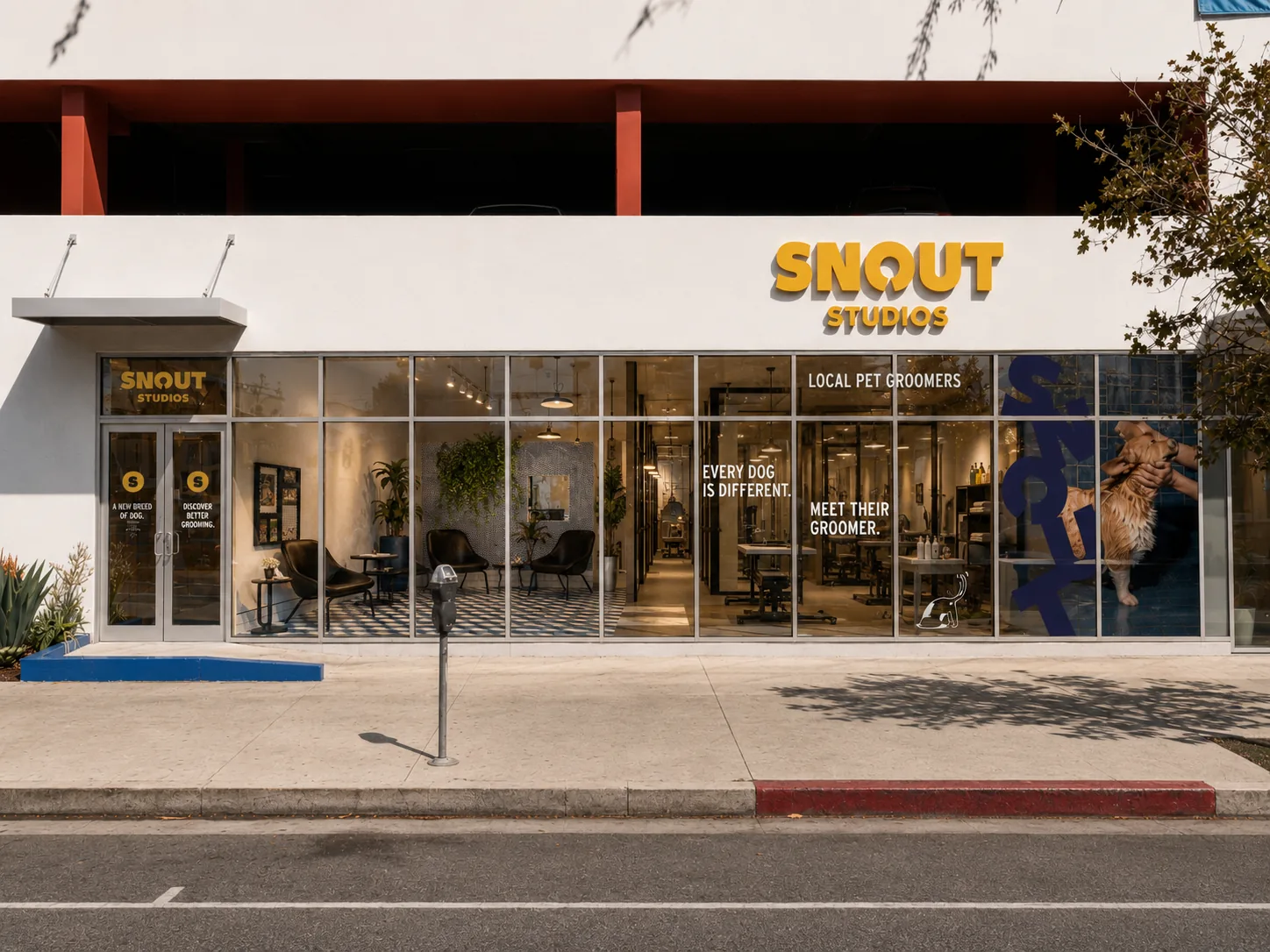 The Snout Studios storefront — yellow SNOUT STUDIOS signage and floor-to-ceiling windows into the private grooming suites