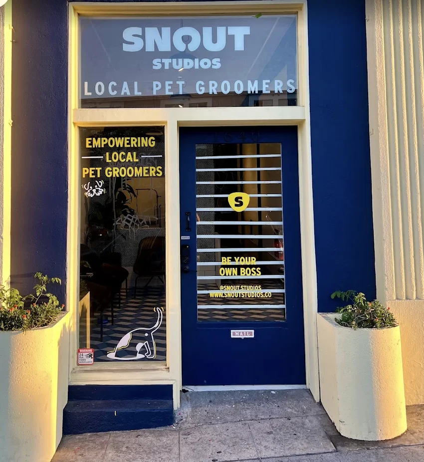 The navy-and-yellow Snout Studios storefront at 1640 W Temple St in Echo Park, Los Angeles