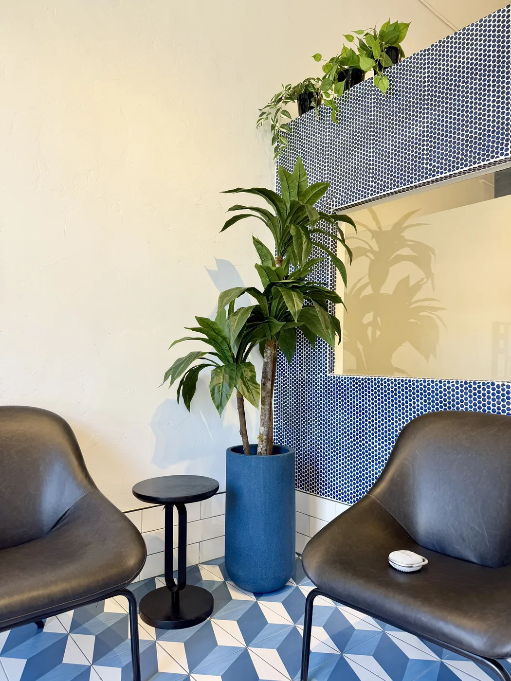 The Snout Studios Echo Park lobby with blue penny-tile, leather chairs and plants
